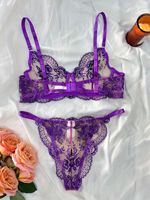 Ensemble de Lingerie 2 Pièces Sexy en Dentelle pour Femme avec Soutien-Gorge à Armatures en Maille Transparente et Broderie Florale 3D, et Culotte String – Vente en Gros