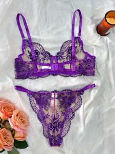 Wholesale Floral Embroidery Lingerie <b>Set</b> <b>Sexy</b> Sheer Mesh Underwire Bra and Thong Panties <b>Set</b> 2 Piece Ladies Lace Underwear <b>Set</b> - Product Image 2