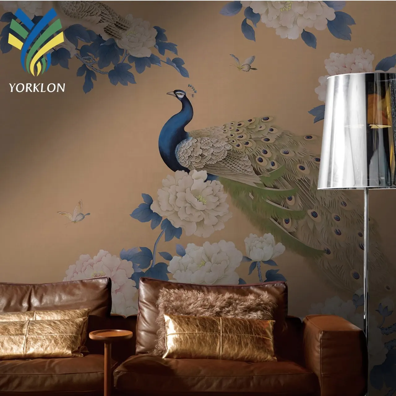 Custom Chinoiserie Hand Painted Non Woven Cloth Interior Home Hotel Room Wall Decoration Blue 3D Peacock Feather Mural Wallpaper