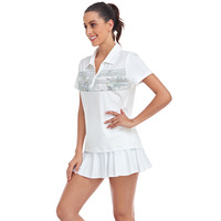 Fournisseur de vêtements, polos pour femmes en polyester blanc, coupe ajustée, séchage rapide, impression de logo personnalisée avec vos étiquettes