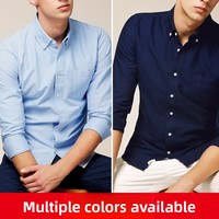 Kemeja Kerja Pria 100% Katun Kerah Kancing Lengan Panjang Musim Dingin Poplin Slim Fit Biru Lapisan Dasar Kantor Kasual Seragam Kerja Layanan OEM
