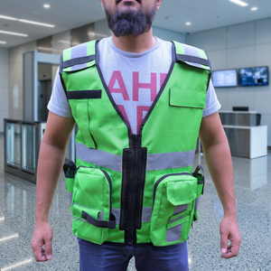 Gilet de sécurité réfléchissant vert avec poches et fermeture éclair sur le devant, uniforme de travail pour hommes, toutes saisons, usage de garde, en polyester - Product Image 1