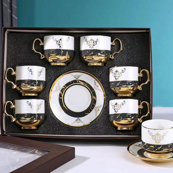 European Style Ceramic Coffee Cup Gold-Plated Coffee Plate Set Gift 6 Cups 6 Plates Gift Box 12-Piece Tableware Present Set
