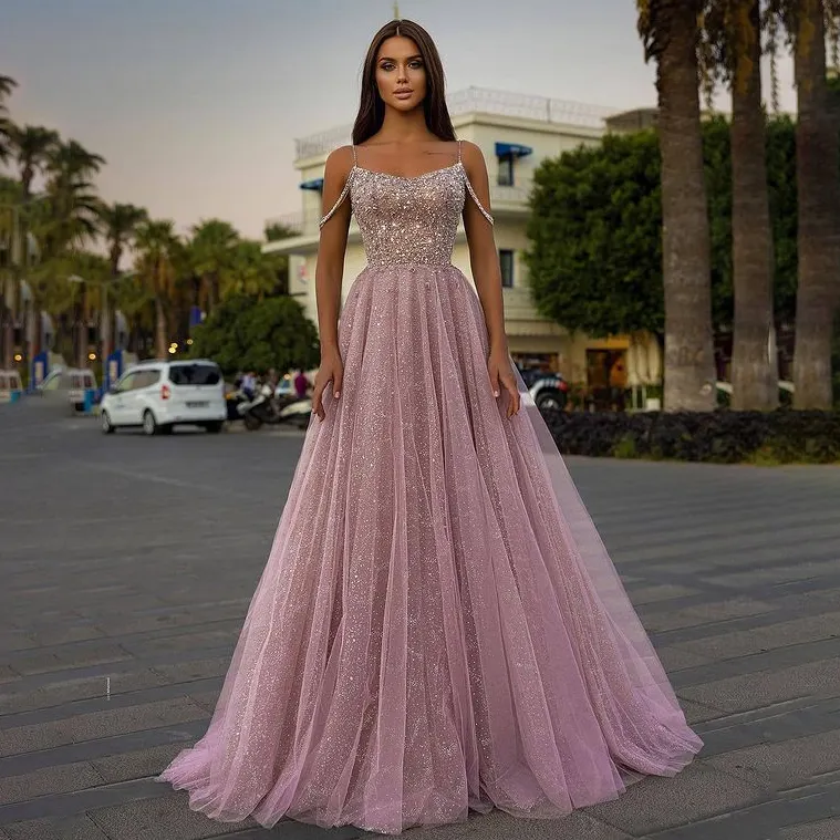 Factory Wholesale Sparkle Tulle Lace Long Sequin Evening Dress Prom Gown Sexy Luxury Shinny Mesh Pink Women Party Glitter Dress