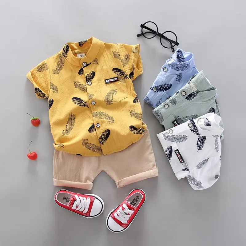 New Style Baby Boy Summer clothing Sets Short Sleeve Shirt and Shorts 2pcs Set Feather Cartoon Printed Kid Beach Clothing Sets