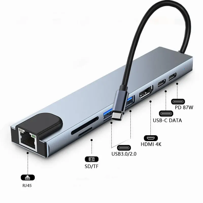 نوع-C إلى HDTV USB3.0 المحور نوع-c إلى 100M بطاقة الشبكة التوسع حوض SD/TF 8in1 الفاصل محول محمول محطة الإرساء