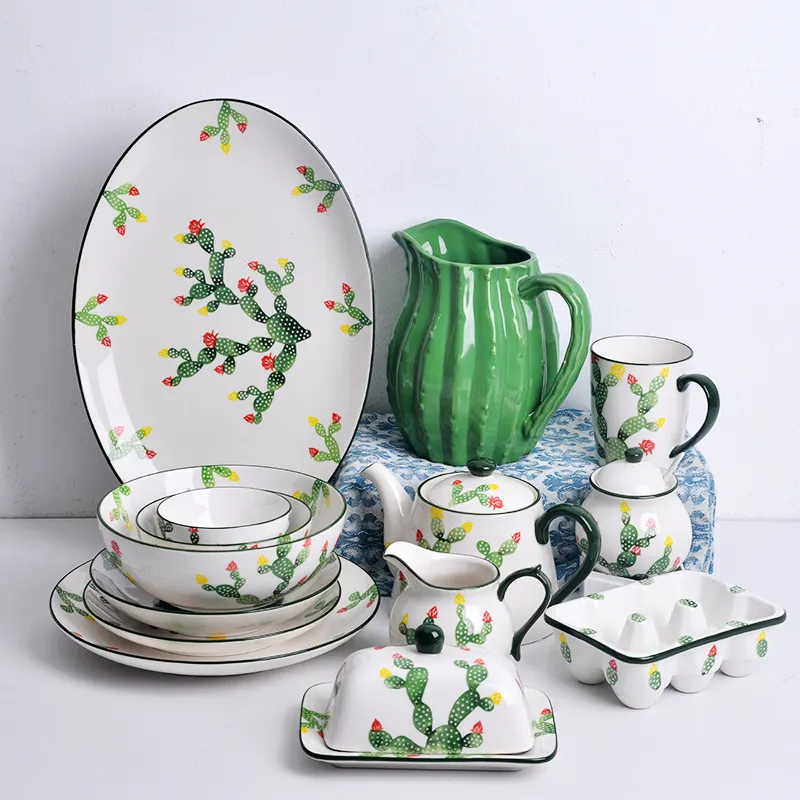 Bone China Porselein Diner Plaat Witte Cactus Decal Ovale Hotel Servies Eetkamer Platen Set