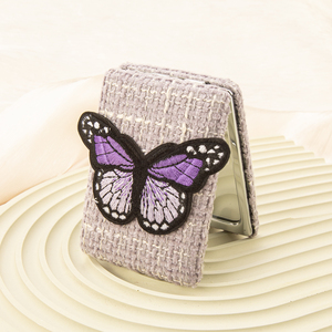 Espejo de Bolsillo Plegable de Doble Cara con Logotipo Personalizado, Estilo Francés Chic, Textil Tejido Morado, Parche de Mariposa 3D de Terciopelo, Venta al por Mayor - Product Image 1