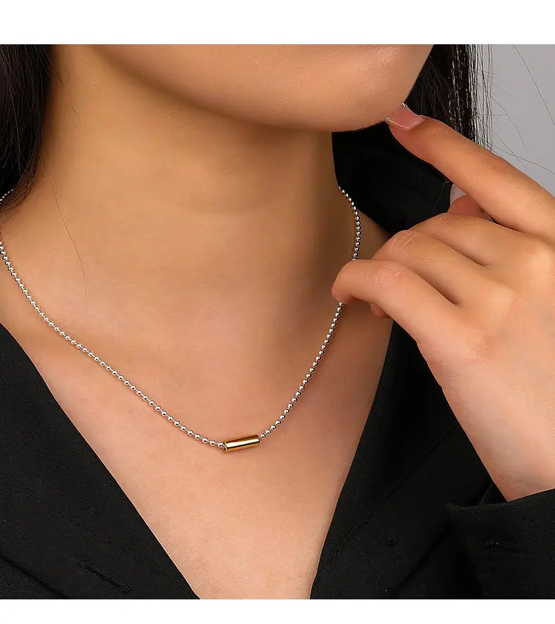 Delicate Beaded Chain Gold Plated Tube Bar Pendant Charm 925 Sterling Silver Necklace