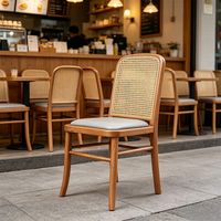 Chaise de salle à manger moderne en bois massif et rotin, dossier haut, siège en cuir souple, entièrement assemblée, chaises en bois pour restaurant, hôtel, café, noir