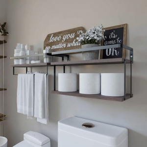 2 + 1 단 벽걸이 부동 선반 2 개 세트 티슈 랙 & 타월 바 소박한 나무 선반 - Product Image 5