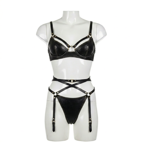 Black Leather Look Bra and G-String Set with Underwire Support and <b>Adjustable</b> <b>Straps</b> for Women - Product Image 1