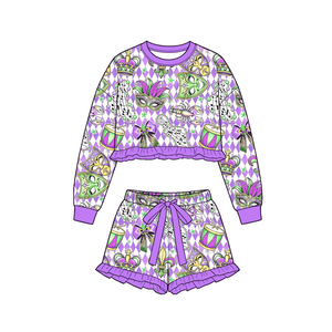 Précommande : Tenues décontractées imprimées avec masque Mardi Gras et shorts à volants pour petites filles, assorties pour sœurs, pour festivals et célébrations, vente en gros pour enfants - Product Image 4