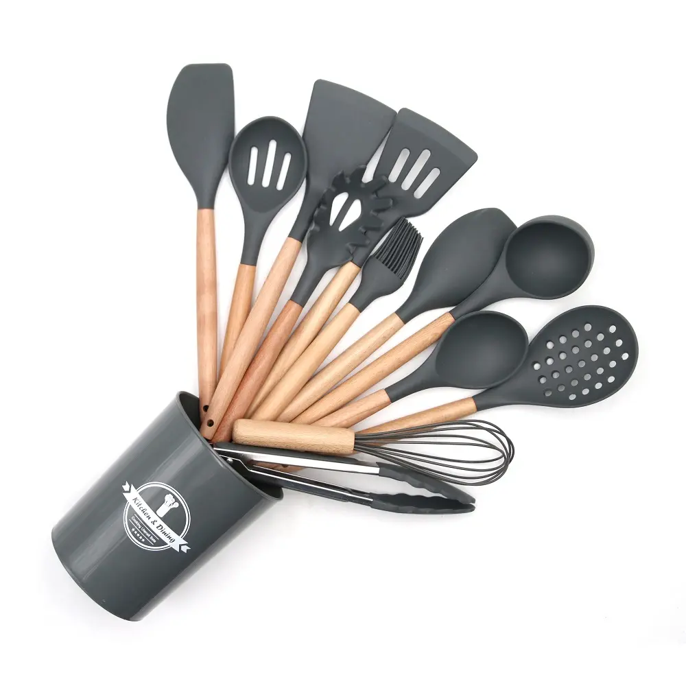 Utensilios de cocina de silicona personalizados, 12 Uds., utensilios para el hogar, juego de utensilios de cocina de silicona con mango de madera