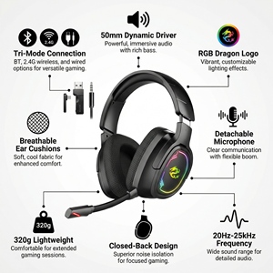 <span class=keywords><strong>Casque</strong></span> de jeu sans fil Jetion 2.4G Tri-mode avec éclairage RGB et connexion filaire pour téléphone portable PJT-DEP2517 - Product Image 3