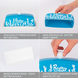 Beurrier en céramique 3D style américain avec rose en relief, boîte à beurre en émail bleu pour la maison et le restaurant, idéal pour le stockage du fromage - Product Image 6