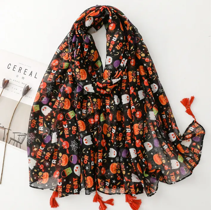 Voile sottile elemento di Halloween lanterna di zucca modello alla moda sciarpa a scialle stampata per le donne