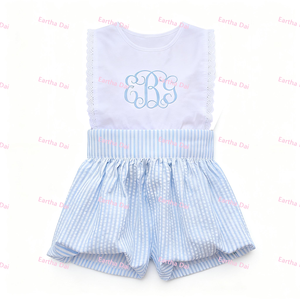 Robes d'été pour bébés filles en seersucker, ensembles assortis pour sœurs, barboteuses bulles en dentelle pour nouveau-nés - Product Image 4