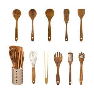 خشب طبيعي (10 قطع) مع حامل تخزين من الفولاذ المقاوم للصدأ-أدوات طهي منزلية وصديقة للبيئة - Product Image 1