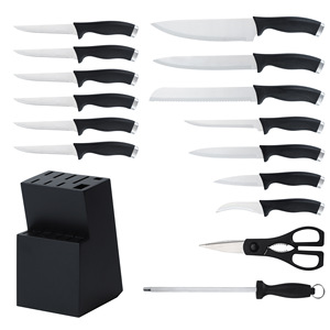 Ensemble de 16 couteaux de cuisine, lames en acier inoxydable aiguisées, manches antidérapants en PP noir, bloc à couteaux en bois avec accessoires pour supermarché - Product Image 1