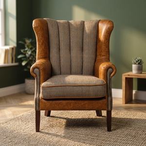 Fauteuil Chesterfield contemporain à dossier haut, une place, revêtement écologique en cuir véritable et pieds en bois pour salon - Product Image 4