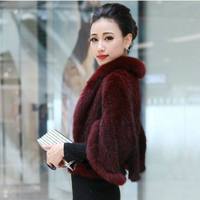 Damen Gestrickter Roter Nerz-Poncho Jacke mit Fuchspelzkragen Verziert Nerz-Pelzcape für Damen