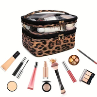 Pochette à maquillage personnalisée avec logo imprimé léopard, dessus en PVC transparent, double couche, organiseur de cosmétiques, grande trousse à maquillage avec porte-pinceaux
