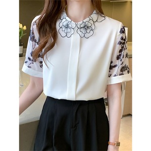 Blusa de Mujer Elegante de Chifón con Estampado Floral Vintage, Cuello Peter Pan y Manga Corta para Verano, Nueva Colección 2026 - Product Image 5