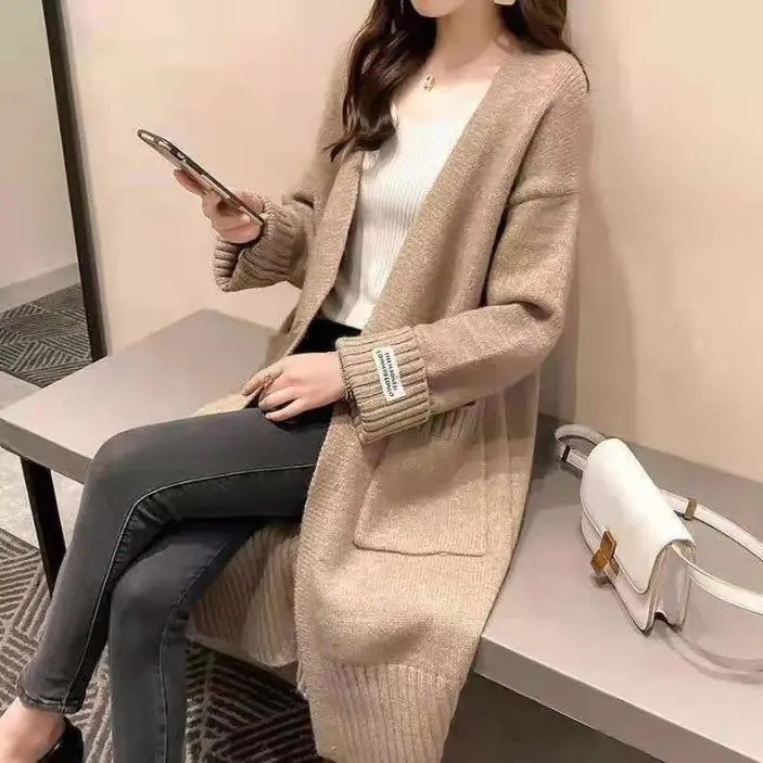 2021 New loose lazy style thick mid-length Korean fashion knitted cardigan sweater women