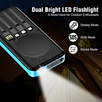Batterie externe solaire magnétique sans fil 10000mAh, charge rapide, chargeur portable avec câbles intégrés, lampe torche LED