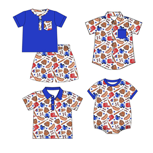 Conjunto de Ropa Infantil Personalizada para el 4 de Julio, con Estampado de Comida de Béisbol, 95% Algodón, Pantalones Cortos Casuales para Bebé y Camiseta Tipo Romper - Product Image 1