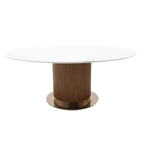 Nordic Modern Circle Dinning Room Furniture Kitchen Marble Table Top And Stainless Steel Base Cylinder Oval Dining Table