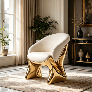 Poltrona Singola in Pelle con Base Scultorea Integrata in Fibra di Vetro Dorata per Spazi Residenziali di Lusso - Product Image 4