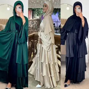 Sharut 2024 vente en gros Turquie élégant Kimono ouvert Abaya caftan femmes robes musulmanes luxe Satin trois couches Dubai Abaya robe
