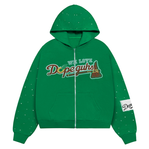 เสื้อฮู้ดซิปโอเวอร์ไซส์สีเขียวประดับเพชรเทียม ผ้าฝ้าย พิมพ์ลายกราฟิก ทรงหลวม สไตล์วินเทจ สำหรับผู้ชาย (OEM ODM) - Product Image 1