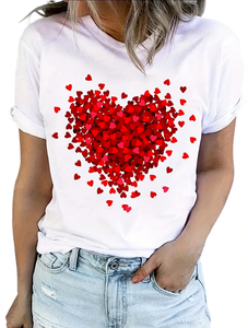 T-shirt da donna in puro cotone con stampa a cuore, manica corta, girocollo, top casual, abbigliamento moda primavera estate - Product Image 1