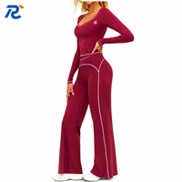 Set Yoga Wanita Lengan Panjang dengan Logo Custom, Celana Lebar Pinggang Tinggi, Olahraga Fitness, Baju Olahraga Dua Potong, Setelan Santai