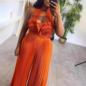 Ensemble 2 pièces plissé sexy pour femme : haut à col halter et dos nu, pantalon large – Tendance - Product Image 2