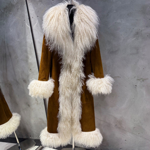 Veste longue en peau de mouton véritable pour femme, fourrure de mouton mongol bouclée, daim, vêtement d'extérieur, manteau long en cuir de mouton véritable chaud pour l'hiver - Product Image 2