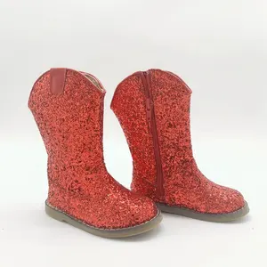 รองเท้าบูทแวววาวสีแดงสำหรับเด็ก,รองเท้าบูทสำหรับเด็กวัยหัดเดินสไตล์ตะวันตกพื้นนิ่มรองเท้าคาวบอยหุ้มข้อมีไฟระยิบระยับ