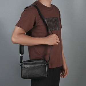 Men's Genuine Leather Crossbody <b>Bag</b> Black Horizontal Casual Travel Shoulder <b>Bag</b> Fashionable Wear Resistant Solid Color - Product Image 3