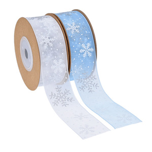 Ruban en polyester bleu doux, écologique, fait main, motif flocon de neige, 63 mm, 10 yards, pour accessoires pour cheveux et emballage cadeau de Noël - Product Image 2