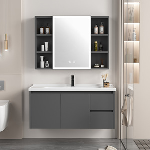 Mueble de baño moderno de pared con lavabo individual, almacenamiento integrado y espejo inteligente. - Product Image 1