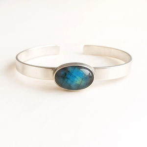 Labradorite Sterling <b>Silver</b> <b>Cuff</b> <b>Bracelet</b> Minimalist Gemstone Bangle Handmade Elegant Natural Stone Jewelry Adjustable <b>Silver</b> - Product Image 1