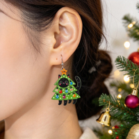 Boucles d'oreilles en acrylique double face Chat Noir Arbre de Noël, Bijoux d'oreille animaux de dessin animé mignons, Cadeau de Noël festif adorable pour femmes