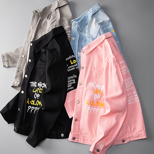 Vêtements d'extérieur en denim classiques personnalisés Graffiti Harajuku pour hommes, noir délavé, vestes universitaires avec boutons - Product Image 1