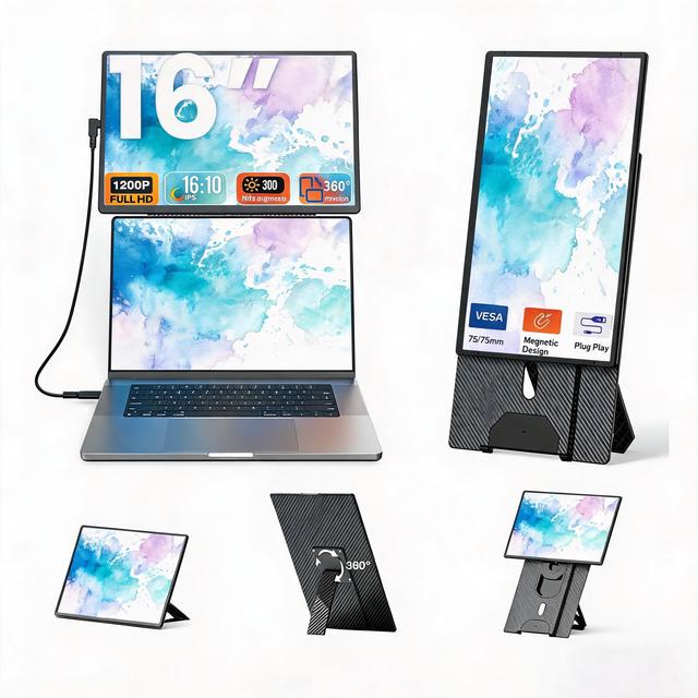 Lightweight 16-inch Portable IPS LCD Screen Monitor USB C Laptop Second Screen for Programming Video Editing Stock Trading