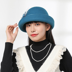 Chapeau de seau en laine de luxe pour <span class=keywords><strong>femme</strong></span>, chapeau élégant en feutre fedora à fleurs, nouvelle collection <span class=keywords><strong>2022</strong></span> - Product Image 2