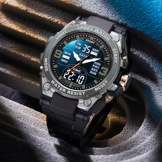 Fashionable Men's Watch Sports Analog Digital Alarm Clock LCD Digital Watch LED Night Light 3ATM Waterproof Watch