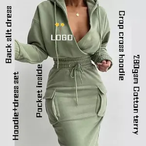 Luluxixiyaya 280gsm Cotton Terry Crop Top Sweat Suit Crop Deep V Neck Hoodie Women Two Piece Set Two Pocket Back Slit Skirt